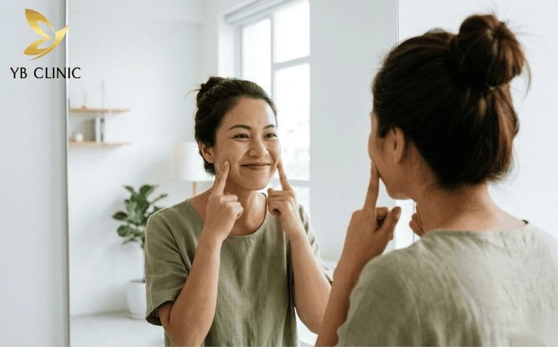 Đẩy nhẹ gò má khi mỉm cười giúp nâng cơ má và tạo sự đầy đặn tự nhiên.