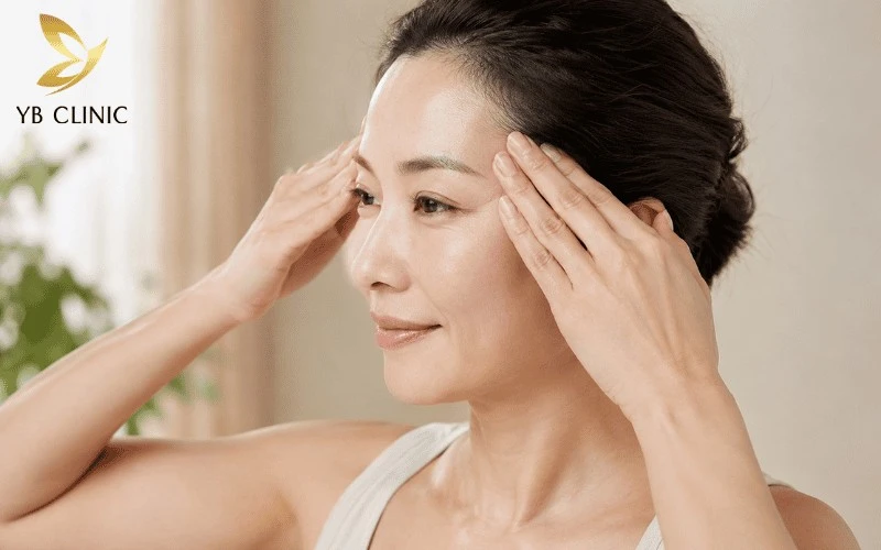 Sử dụng khớp ngón tay miết nhẹ từ đuôi mắt lên thái dương giúp nâng đuôi mắt chảy xệ.