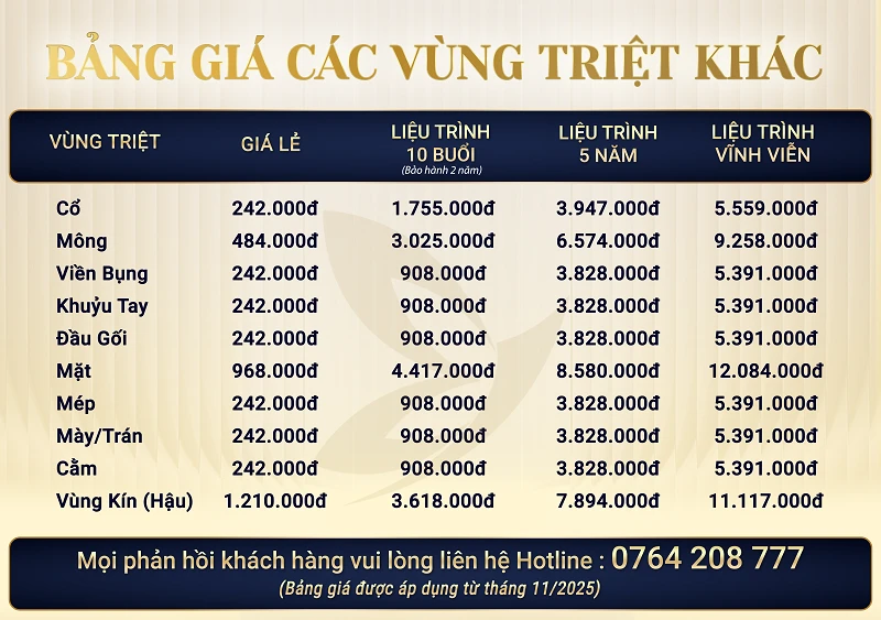 Bảng giá triệt lông vĩnh viễn tại YB Spa 2025