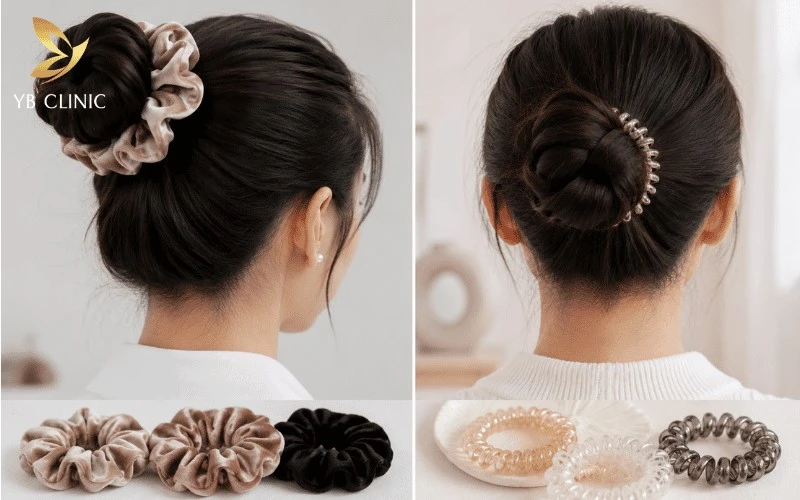 Bí Quyết Để Búi Tóc Đẹp Như Salon Đơn Giản Tại Nhà 17 Ưu tiên thun bọc vải hoặc thun lò xo giúp giảm lực kéo lên tóc, hạn chế tình trạng đứt gãy và bảo vệ tóc khỏe đẹp hơn.