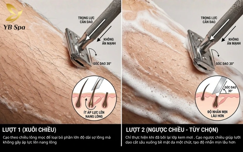Kỹ thuật cạo đa tầng giúp loại bỏ lông tận gốc mà vẫn bảo vệ nang lông nhờ sự kết hợp giữa hai lượt cạo xuôi và ngược chiều