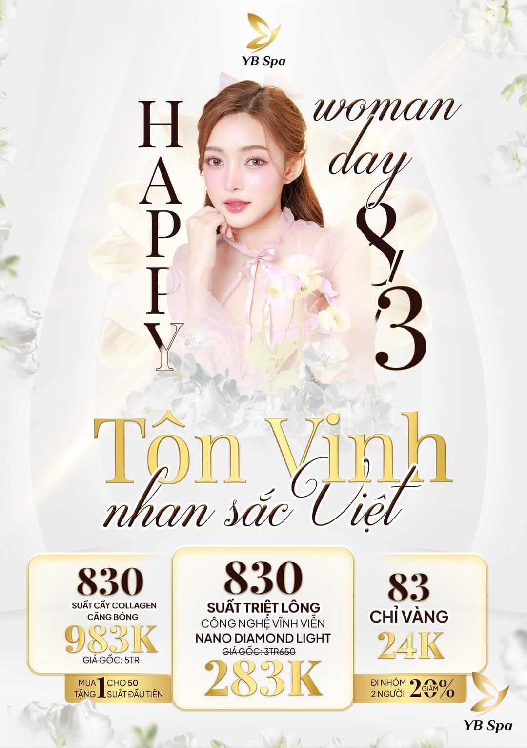 Chào 8/3 cùng Viện Thẩm Mỹ YB Spa: Ưu đãi ngập tràn cùng 83 chỉ vàng 17 Chuong Trinh Chao Mung 8thang3 2024 Triet Long Vinh Vien 283k 10 Buoi Tiem Meso Cay Collagen 830 10 Buoi Tang 83 Chi Vang Di 2 Nguoi Giam 20 Phan Tram