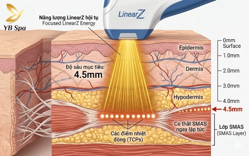 Cơ chế hoạt động của LinearZ bao gồm sự can thiệp sâu đến lớp SMAS như một liệu pháp căng da chuyên sâu, giúp khôi phục độ săn chắc từ gốc rễ.