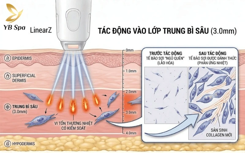 LinearZ tác động vào độ sâu 3.0mm để kích hoạt tế bào sợi, thúc đẩy quá trình sản sinh Collagen và Elastin tự nhiên