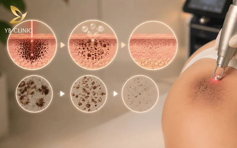 Top 5 Công Nghệ Trị Thâm Mông An Toàn Và Hiệu Quả 6 Pico Laser sử dụng hiệu ứng quang cơ để phá vỡ sắc tố melanin thành các hạt siêu mịn, hỗ trợ cải thiện vùng da thâm mông và giảm nguy cơ tổn thương do nhiệt.