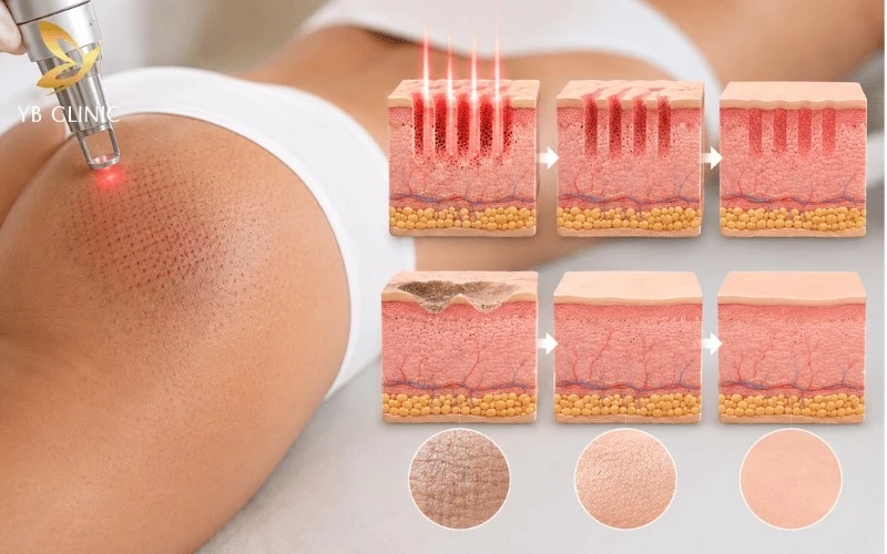 Top 5 Công Nghệ Trị Thâm Mông An Toàn Và Hiệu Quả 7 Laser Fractional CO₂ tác động theo cơ chế vi điểm, hỗ trợ loại bỏ lớp sừng dày, kích thích sản sinh collagen và cải thiện bề mặt da sần sùi, thâm sạm.