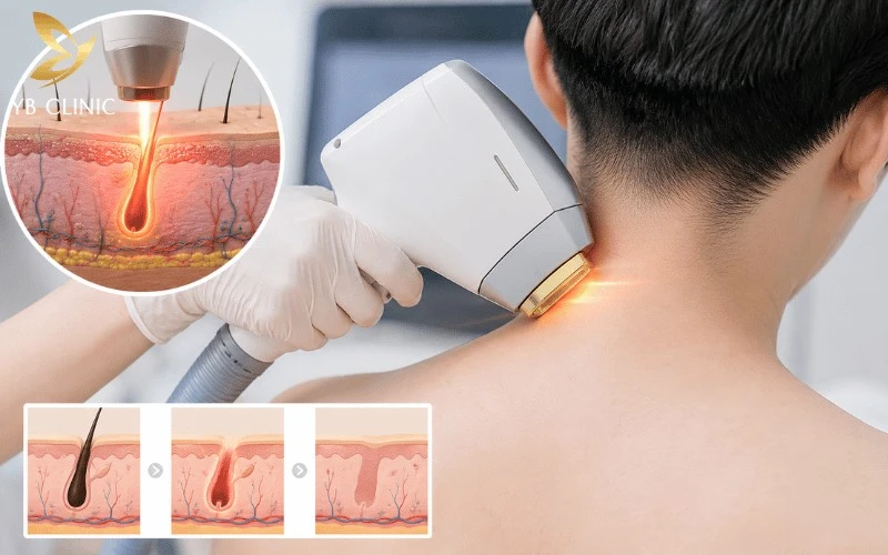 Diode Laser 808nm hỗ trợ giảm lông gáy dày, cứng hiệu quả với đầu làm lạnh sapphire giúp tăng sự thoải mái khi điều trị.