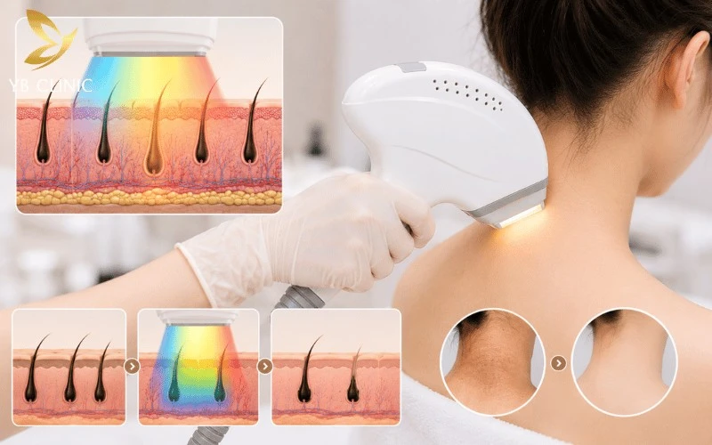 IPL sử dụng ánh sáng xung cường độ cao với dải bước sóng rộng để tác động chọn lọc vào nang lông, hỗ trợ giảm lông hiệu quả.