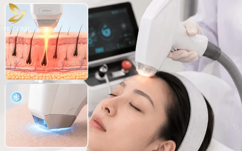 Top 5 Công Nghệ Triệt Tóc Trán Được Đánh Giá Cao 7 Diode Laser 808nm tác động trực tiếp vào nang tóc, kết hợp đầu làm lạnh sapphire giúp hỗ trợ triệt tóc hiệu quả và giảm cảm giác khó chịu khi thực hiện.