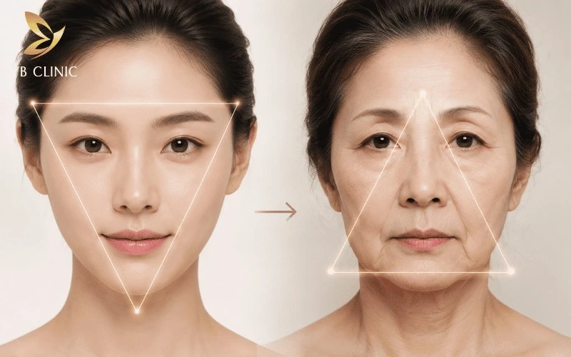 Tam giác tuổi trẻ thay đổi theo thời gian, khiến gương mặt từ đầy đặn, thon gọn trở nên chảy xệ và kém săn chắc.