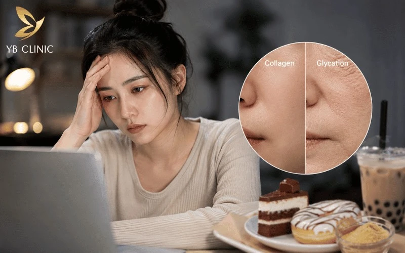 Thiếu ngủ, căng thẳng và chế độ ăn nhiều đường có thể thúc đẩy lão hóa, làm suy giảm collagen và khiến da kém săn chắc.