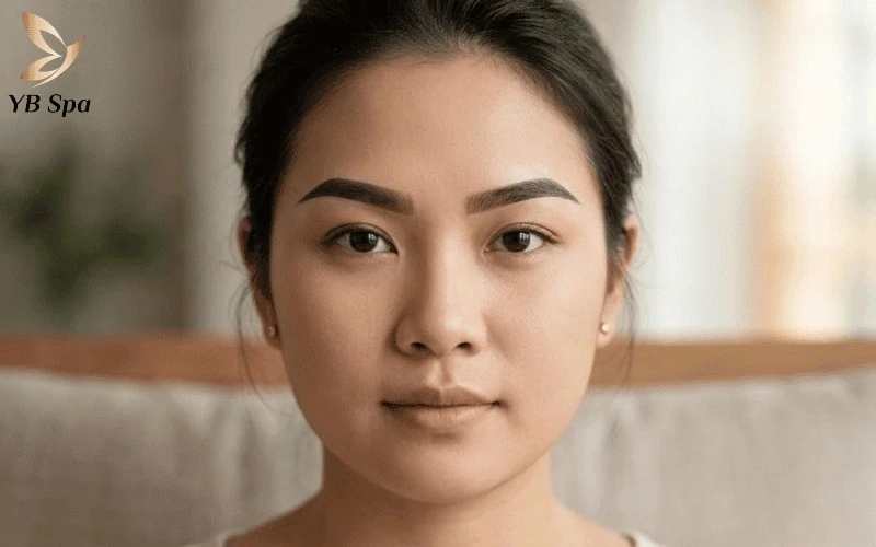 Đường nét sắc sảo của dáng mày góc cạnh cứng đánh lừa thị giác, làm mờ đi vẻ bầu bĩnh.