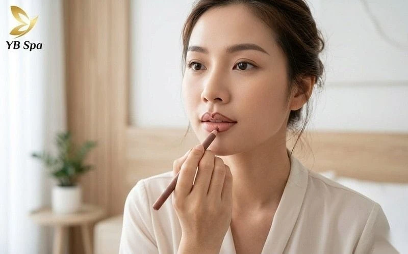 Dùng chì kẻ môi định hình đỉnh và hõm môi, tạo dáng chữ M hoàn hảo.