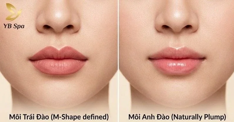 Phân biệt môi trái đào (trái tim rõ nét) và môi anh đào (nhỏ nhắn, tròn trịa) qua hình ảnh trực quan.