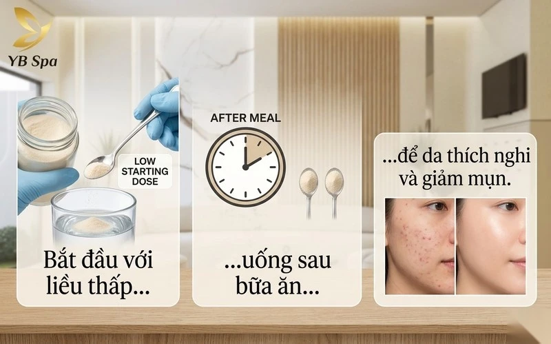 Bắt đầu với liều thấp, uống sau bữa ăn để da thích nghi và giảm mụn.