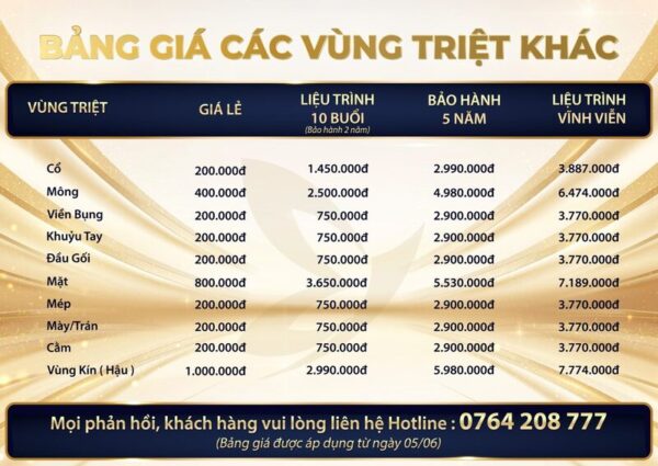 Bảng giá triệt lông tại YB Spa (Nguồn: YB Spa)