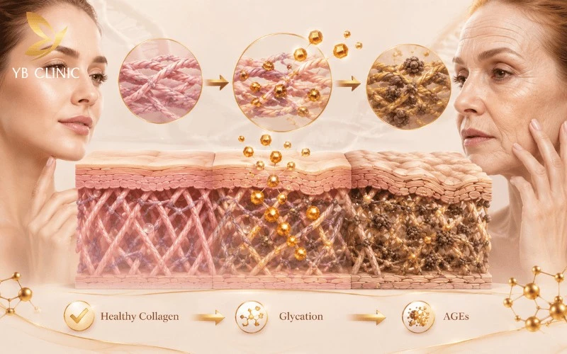 Glycation là gì? Quá trình glycation xảy ra khi đường liên kết với collagen và elastin, làm giảm độ đàn hồi, hình thành nếp nhăn và thúc đẩy lão hóa da.