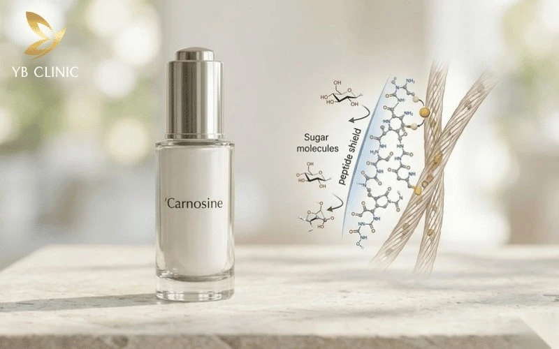 Carnosine hoạt động như "tấm khiên" bảo vệ sợi collagen khỏi sự tấn công của phân tử đường.