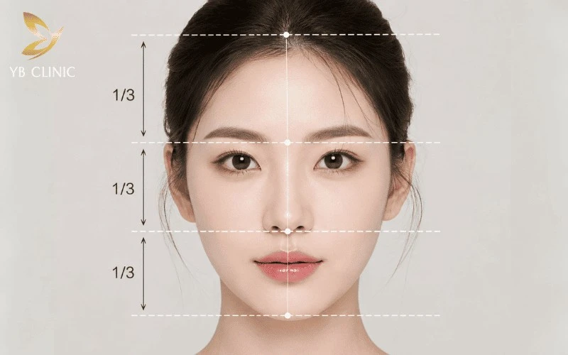Tỷ lệ gương mặt chuẩn thẩm mỹ được xác định bởi quy tắc 1/3 và sự cân đối giữa ba phần của khuôn mặt.