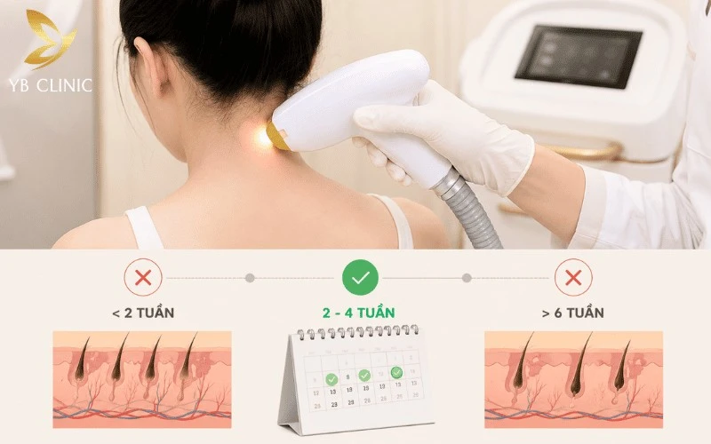 Liệu Trình Triệt Lông Gáy Gồm Bao Nhiêu Buổi Và Giá Bao Nhiêu 9 Giãn cách 2–4 tuần giữa các buổi triệt lông gáy giúp nang lông bước vào giai đoạn Anagen, tối ưu hiệu quả và rút ngắn tổng liệu trình.