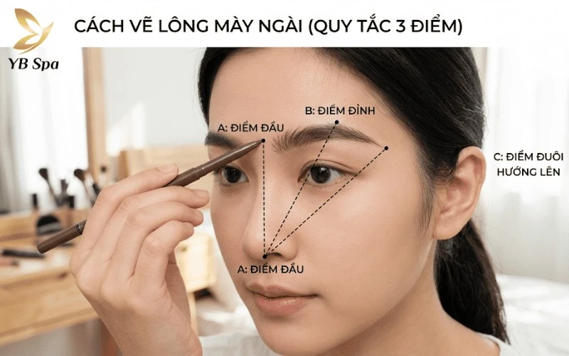 Áp dụng quy tắc 3 điểm để phác thảo dáng lông mày ngài là bước đệm hoàn hảo giúp bạn hình dung rõ nét sự thay đổi của gương mặt