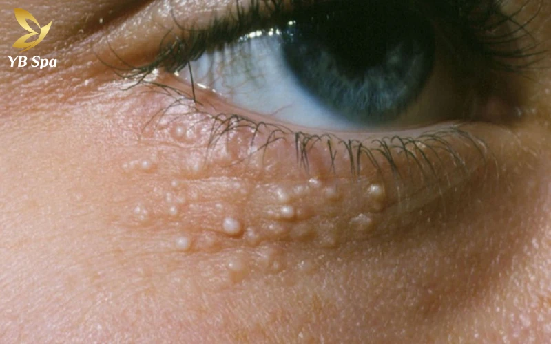 Mụn gạo có nặn được không? Giải đáp chuyên sâu từ chuyên gia 23 Vùng quanh mắt là nơi mụn gạo xuất hiện nhiều nhất do da mỏng và dễ bít tắc.