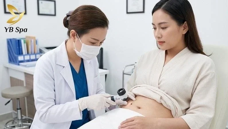 Tham vấn bác sĩ da liễu để đánh giá nguy cơ sức khỏe của nốt ruồi trên bụng.