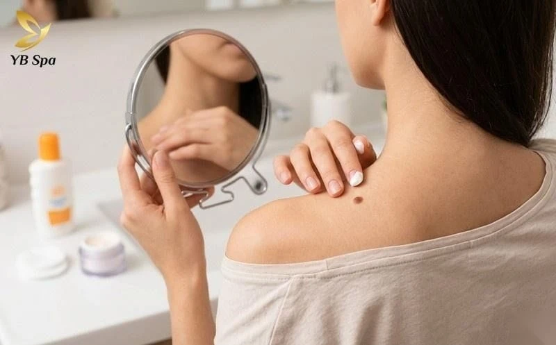 Chăm sóc da vùng vai có nốt ruồi đúng cách, bao gồm kiểm tra định kỳ và chống nắng.