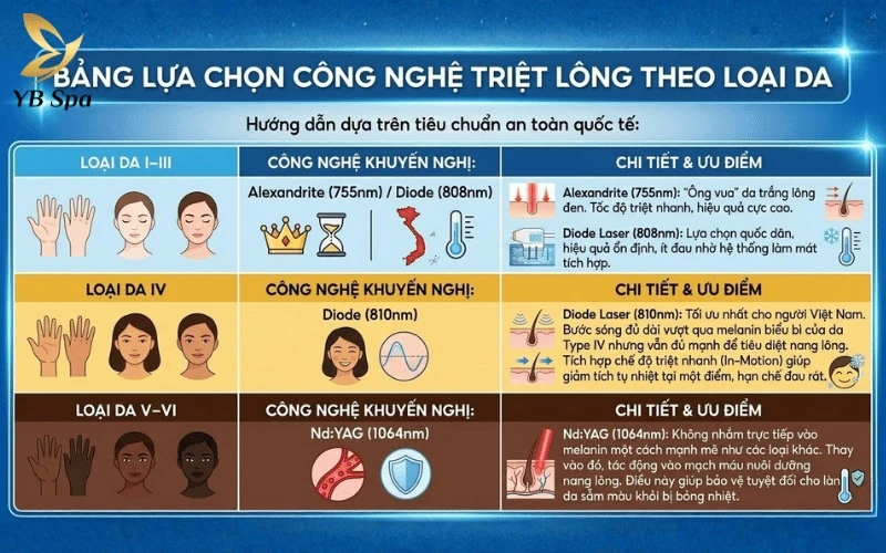 Bảng hướng dẫn giúp bạn lựa chọn đúng công nghệ Laser (Alexandrite, Diode hay Nd:YAG) tương ứng với từng nhóm da Fitzpatrick cụ thể
