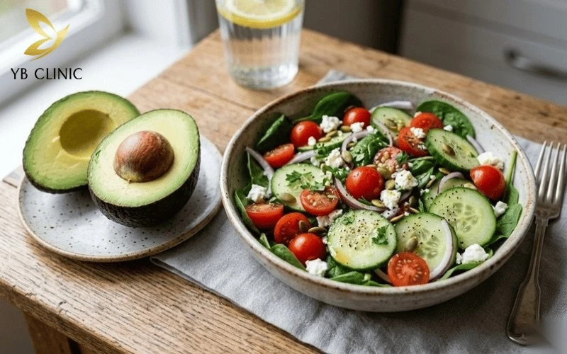 Ăn bơ cùng salad giúp tối ưu hóa hấp thu dưỡng chất, củng cố màng lipid bảo vệ da.