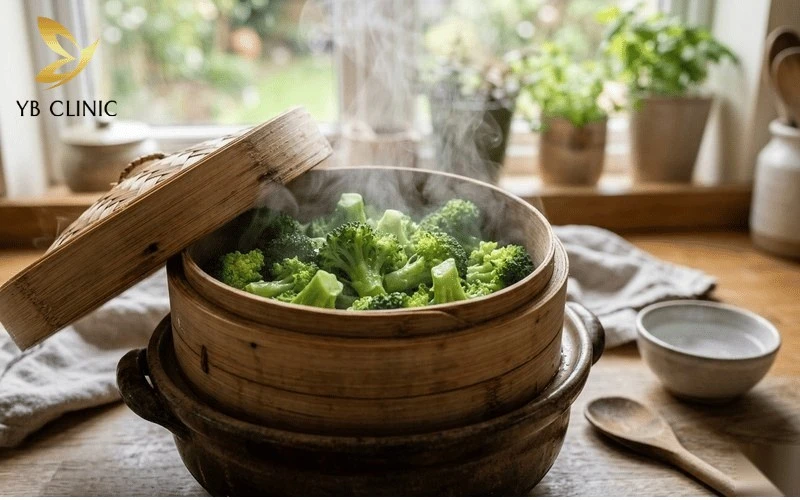 Hấp sơ bông cải xanh từ 1-3 phút giúp bảo toàn enzyme sulforaphane chống lão hóa da.