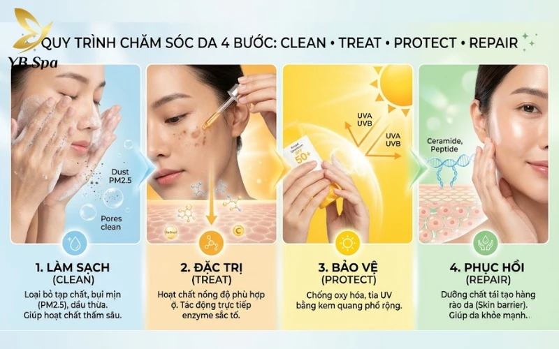 Cách làm trắng da mặt nhanh nhất trong 1 tuần 11 Thay thế việc dưỡng da tùy hứng bằng lộ trình 4 bước "Clean - Treat - Protect - Repair" để đạt hiệu quả trắng sáng tối ưu