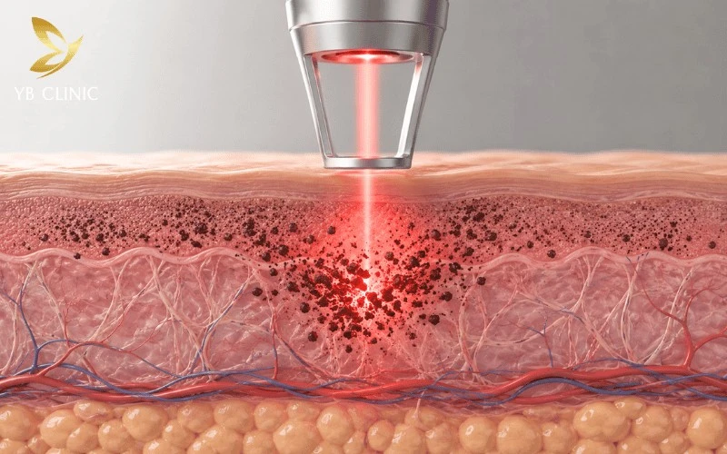 Trị Thâm Bẹn Bằng Laser Có Hiệu Quả Không? Quy Trình Và Bảng Giá 8 Cơ chế laser Nd:YAG phá vỡ sắc tố melanin ở tầng trung bì giúp trị thâm bẹn hiệu quả.