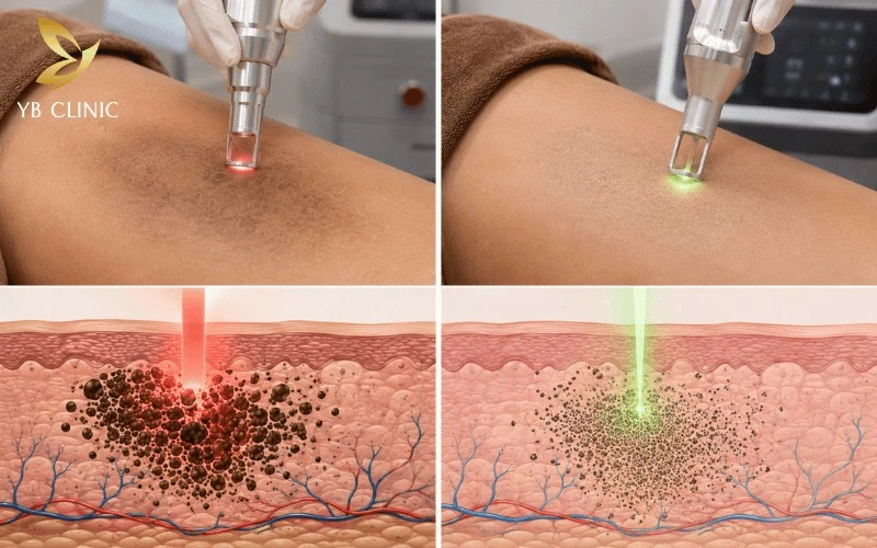 Trị Thâm Bẹn Có Đau Không? Mức Độ Đau Và Yếu Tố Ảnh Hưởng 10 Công nghệ Laser Pico/Nd:YAG ứng dụng xung năng lượng cực ngắn để tác động vào melanin, trong khi laser cũ dễ sinh nhiệt và ảnh hưởng đến mô da xung quanh.