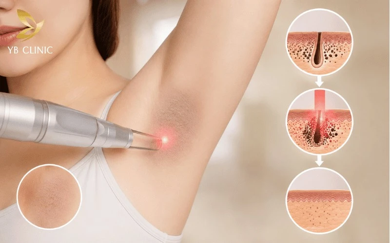 Trị Thâm Nách Công Nghệ Cao Có Hiệu Quả Không? Quy Trình Và Bảng Giá 11 Laser phá vỡ trực tiếp các phân tử melanin tầng sâu thành hạt siêu nhỏ để hệ miễn dịch tự đào thải.
