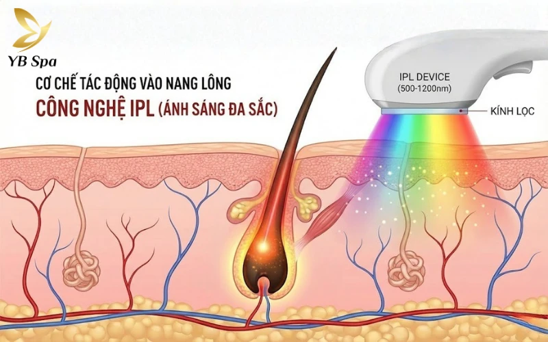 IPL sử dụng dải ánh sáng trắng bước sóng rộng giúp tiếp cận nang lông ở nhiều độ sâu khác nhau một cách linh hoạt