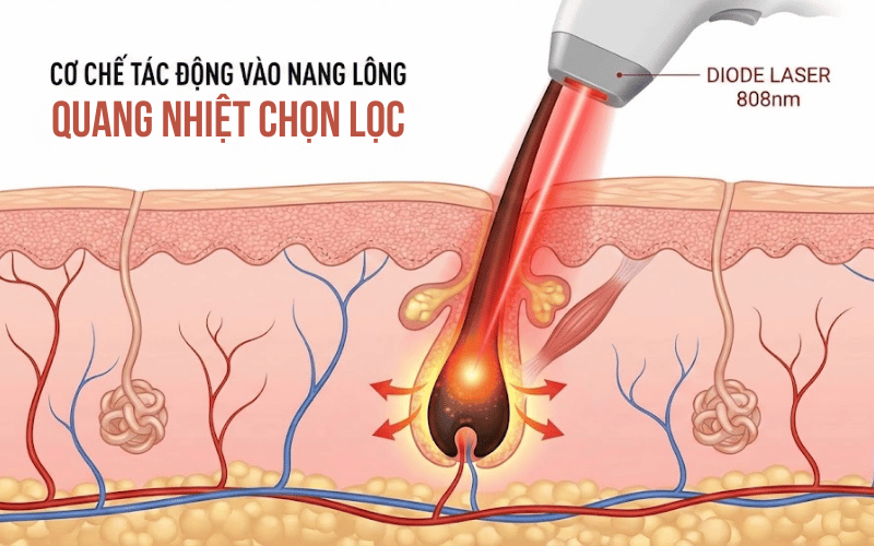 Công nghệ sử dụng bước sóng 808nm tác động trực tiếp vào hắc tố melanin trong nang lông mà không làm tổn thương vùng da xung quanh