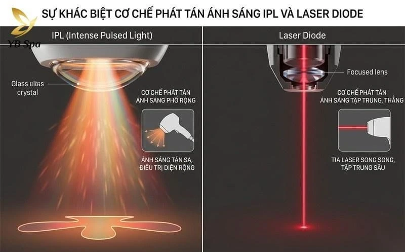 Sự khác biệt giữa cơ chế phát tán ánh sáng của công nghệ IPL và Laser Diode.