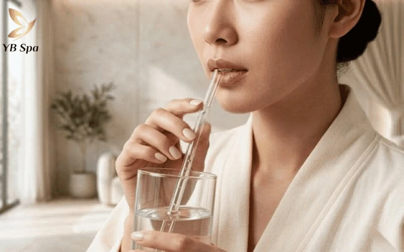 Sử dụng ống hút khi uống nước giúp bảo vệ môi xăm, tránh viêm nhiễm hiệu quả.