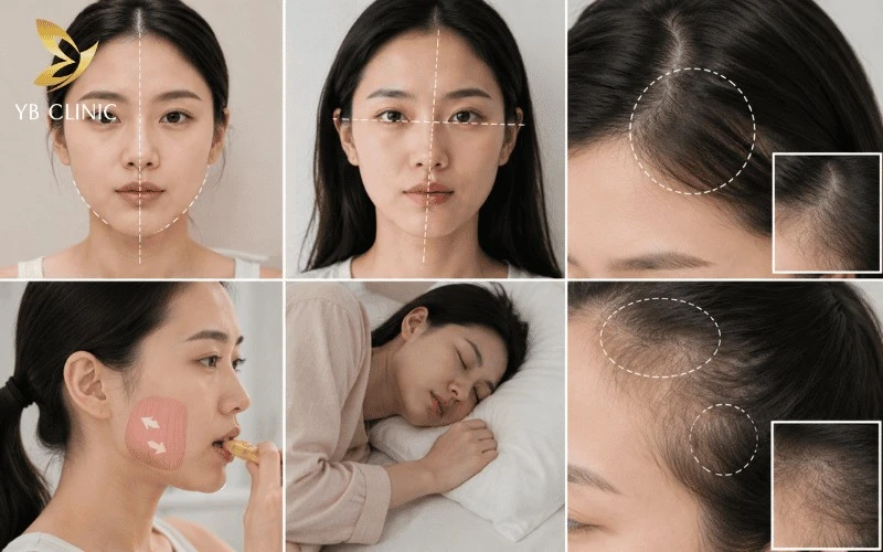 5 Yếu Tố Quyết Định Vẻ Đẹp Hài Hòa Của Khuôn Mặt 7 Bất đối xứng khuôn mặt có thể đến từ cấu trúc cơ xương hoặc đường viền bên ngoài như đường chân tóc, tóc mai không đều.